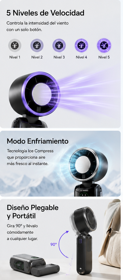 Ventilador Portátil TurboCool™ con Refrigeración Instantánea y 5 Velocidades