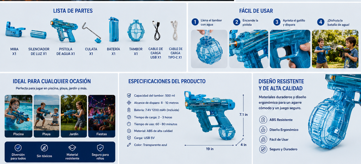 Pistola de Agua Eléctrica AquaBlaster™ | Disparo Automático de Alta Presión