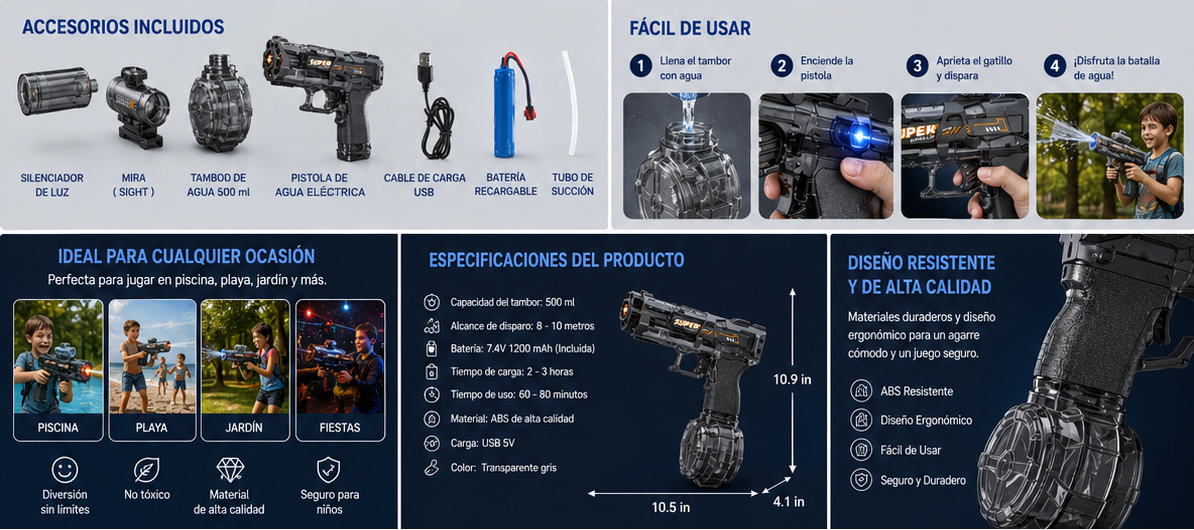Pistola de Agua Eléctrica AquaBlaster™ | Disparo Automático de Alta Presión