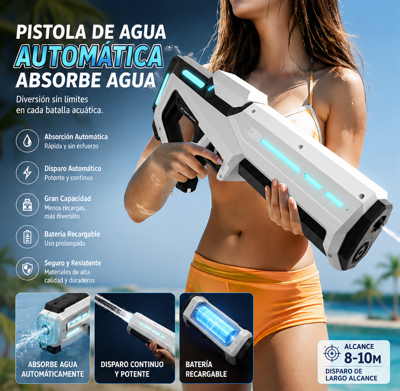 Pistola de Agua Eléctrica HydroForce™ 42 cm | Alta Presión y Recarga Automática