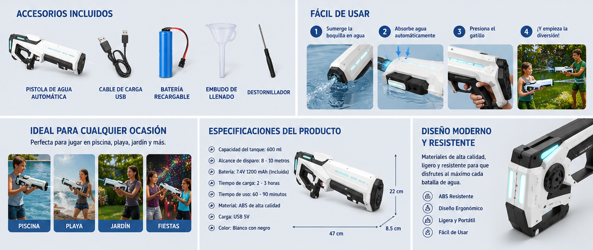Pistola de Agua Eléctrica HydroForce™ 42 cm | Alta Presión y Recarga Automática