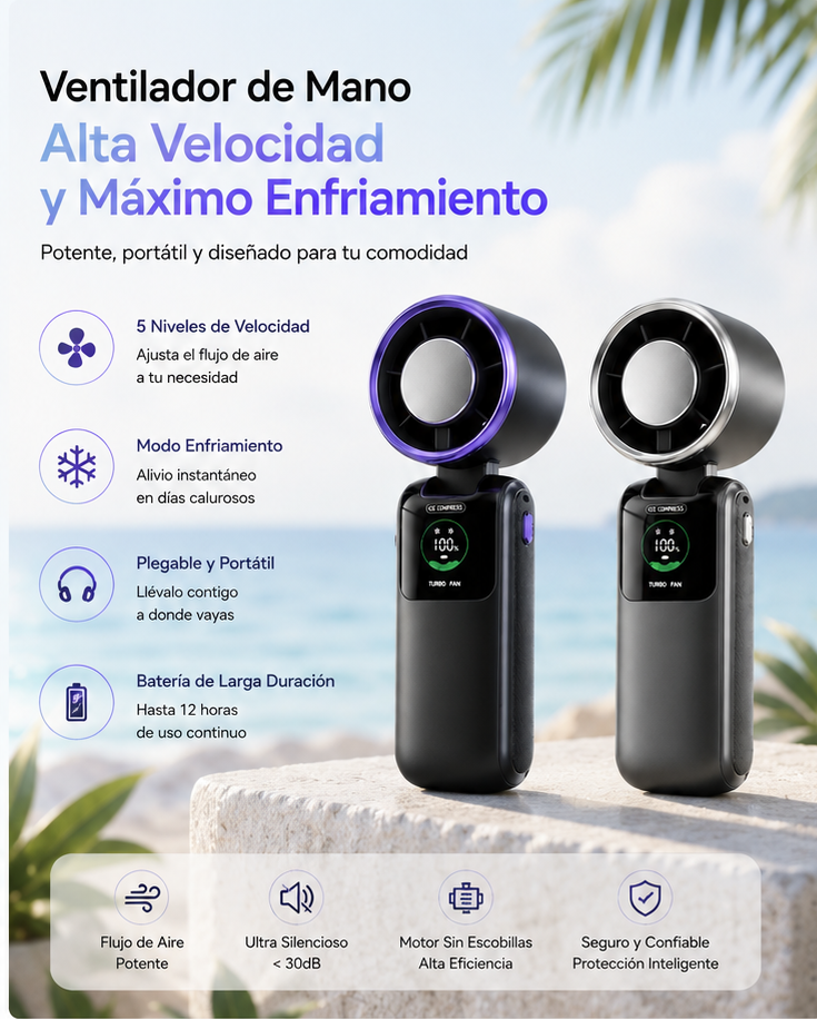 Ventilador Portátil TurboCool™ con Refrigeración Instantánea y 5 Velocidades