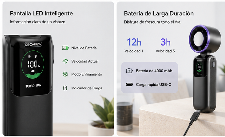 Ventilador Portátil TurboCool™ con Refrigeración Instantánea y 5 Velocidades
