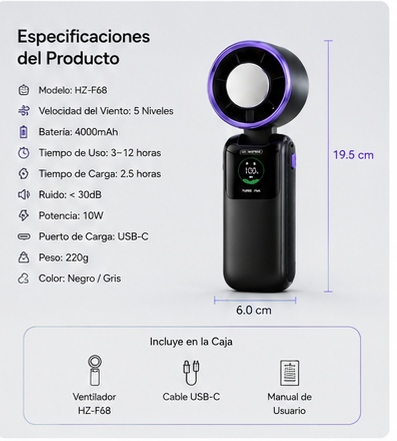 Ventilador Portátil TurboCool™ con Refrigeración Instantánea y 5 Velocidades