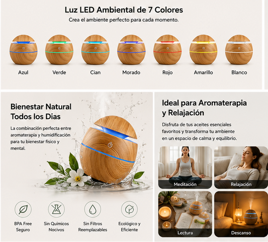 Humidificador WoodMist™ | Difusor Ultrasónico de Aromaterapia con Luz LED
