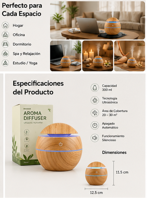 Humidificador WoodMist™ | Difusor Ultrasónico de Aromaterapia con Luz LED