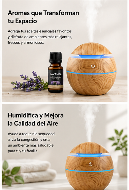 Humidificador WoodMist™ | Difusor Ultrasónico de Aromaterapia con Luz LED