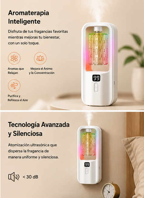 Difusor Automático AromaWall™ | Aromaterapia Inteligente con Luz Ambiental RGB