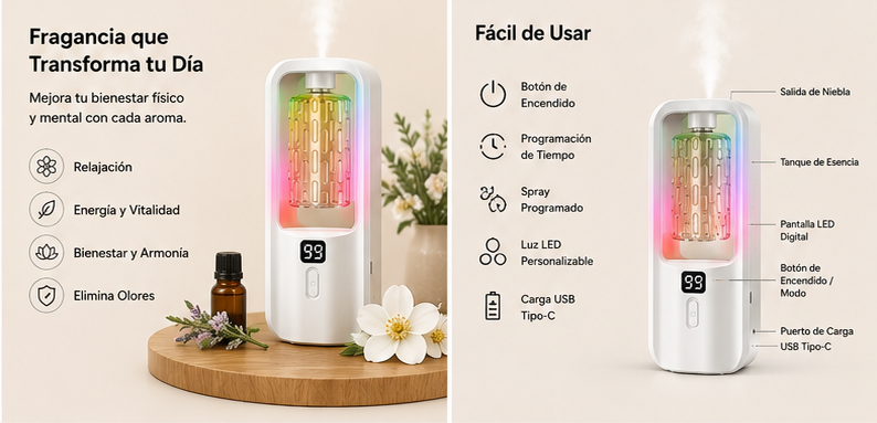 Difusor Automático AromaWall™ | Aromaterapia Inteligente con Luz Ambiental RGB