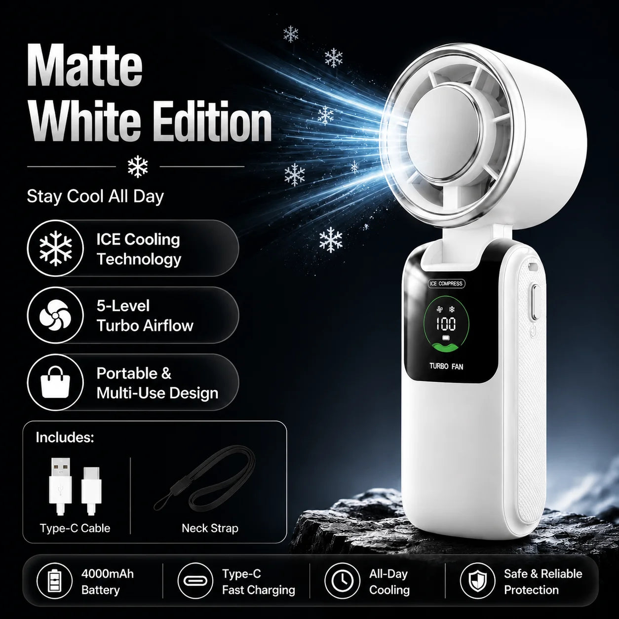 Ventilador Portátil TurboCool™ con Refrigeración Instantánea y 5 Velocidades